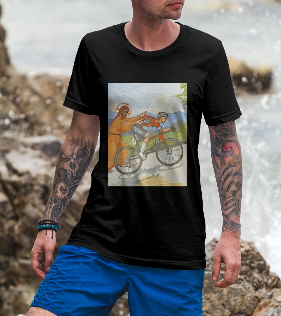 Jesus Gives Tadej Pogačar A Push Colnago Cycling T-Shirt