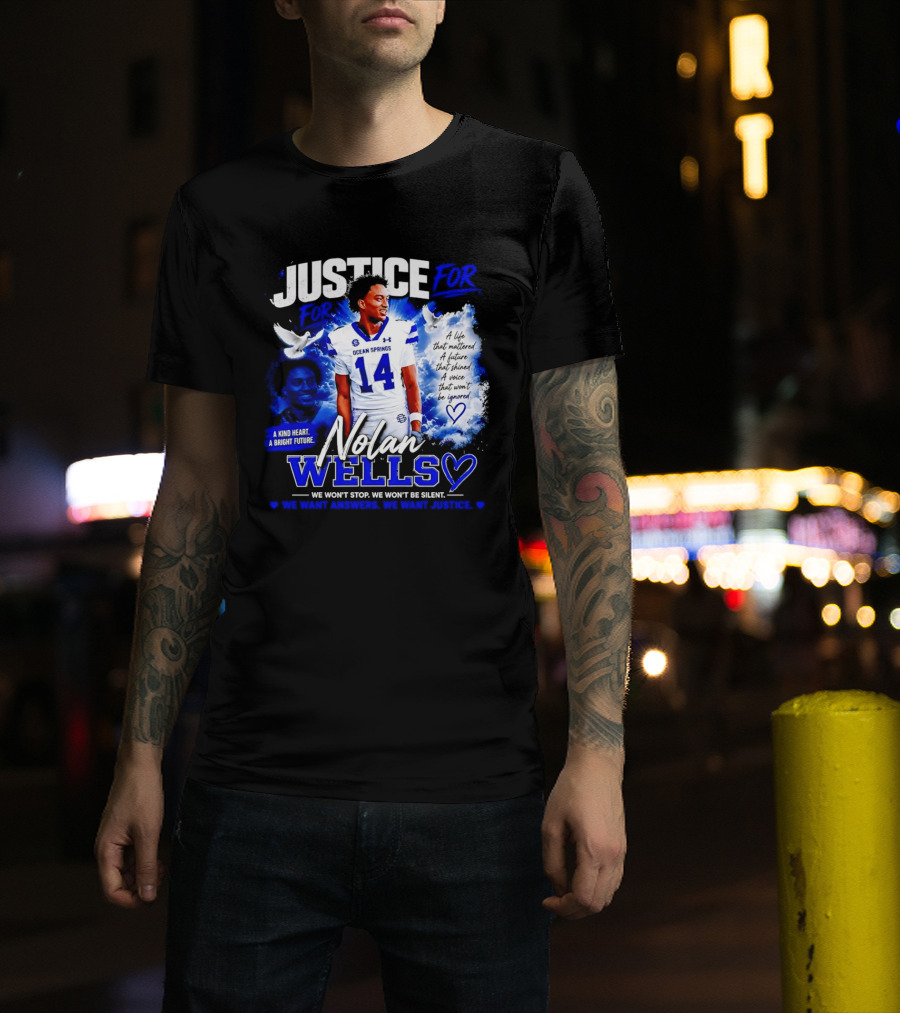 Justice For Nolan Wells Ocean Springs Football Number 14 Ignored Heart We Won't Stop Silent T-Shirt