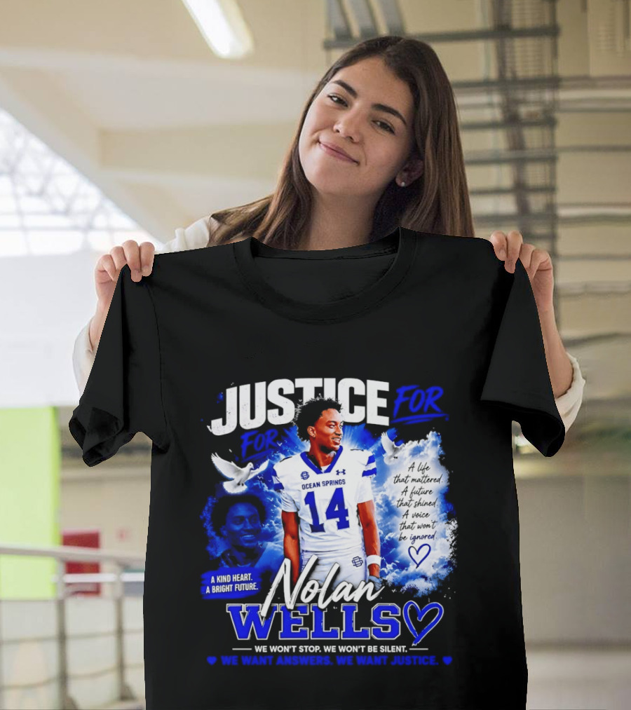 Justice For Nolan Wells Ocean Springs Football Number 14 Ignored Heart We Won't Stop Silent T-Shirt
