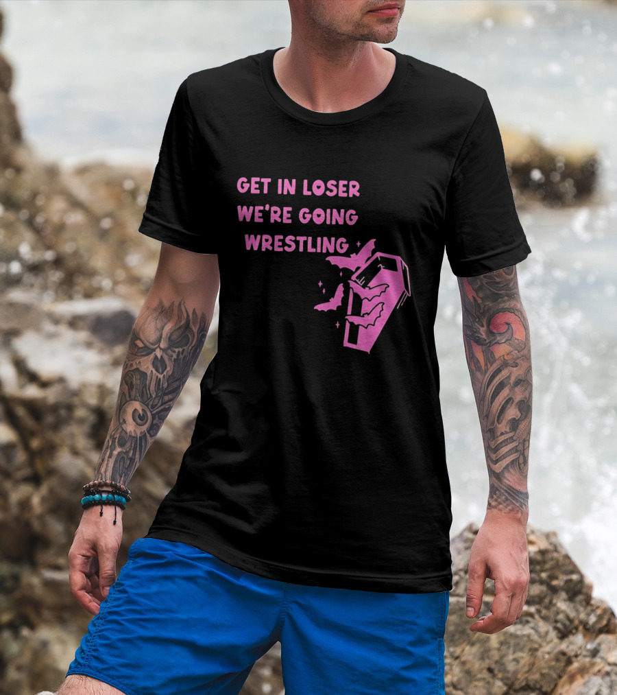 Get In Loser We're Going Wrestling Coffin With Bats And Stars T-Shirt