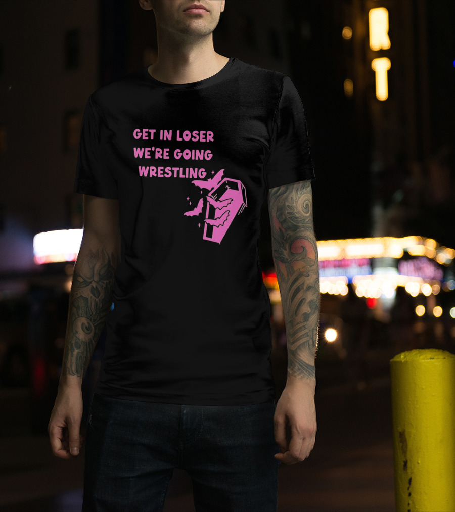 Get In Loser We're Going Wrestling Coffin With Bats And Stars T-Shirt