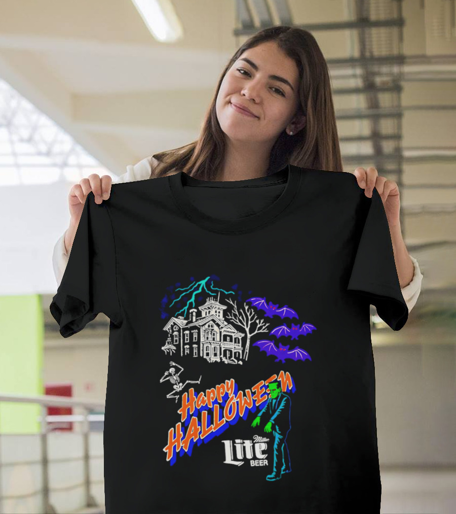 Happy Halloween Miller Lite Beer Haunted House Frankenstein Bats T-Shirt
