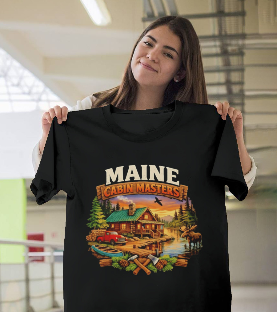 Maine Cabin Masters Rustic Wilderness Scene With Moose And Red Truck T-Shirt