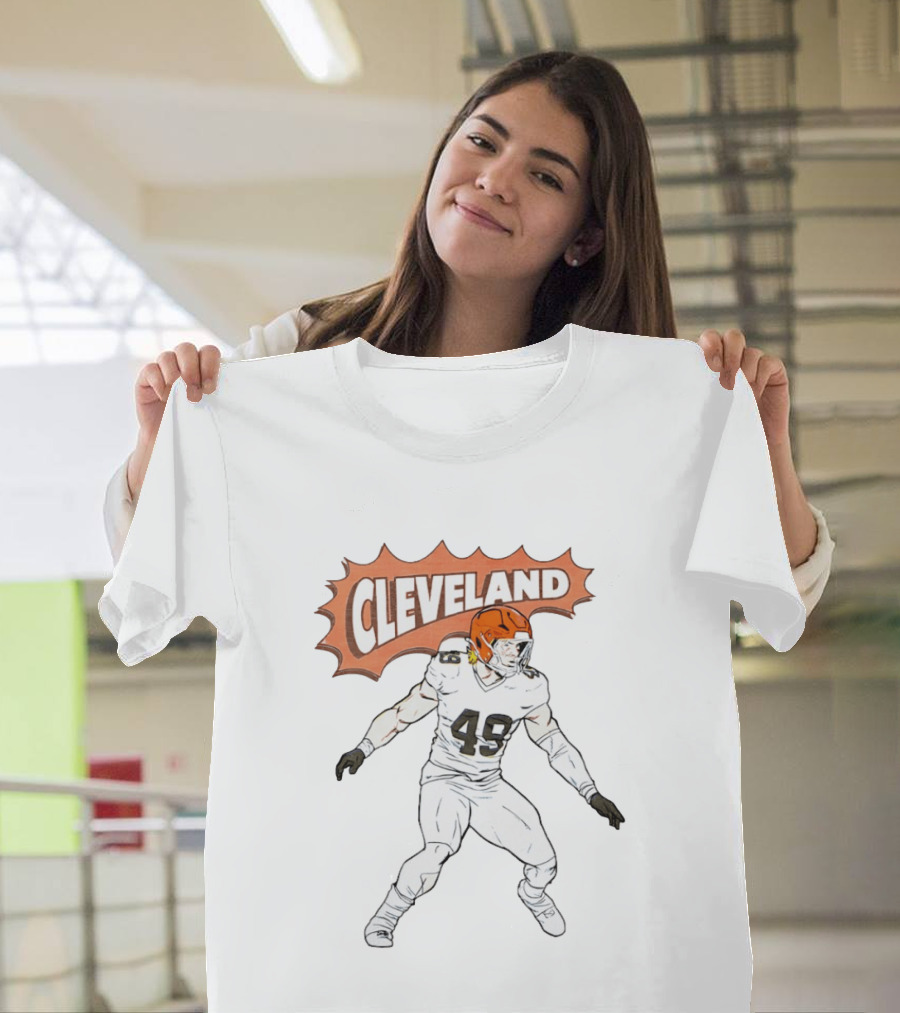 Cleveland Football Comic Style 2026 Player 49 Iconic Helmet T-Shirt