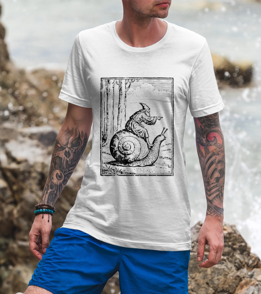 Medieval Snail Rider Wizard Woodcut Fantasy Enchantment T-Shirt
