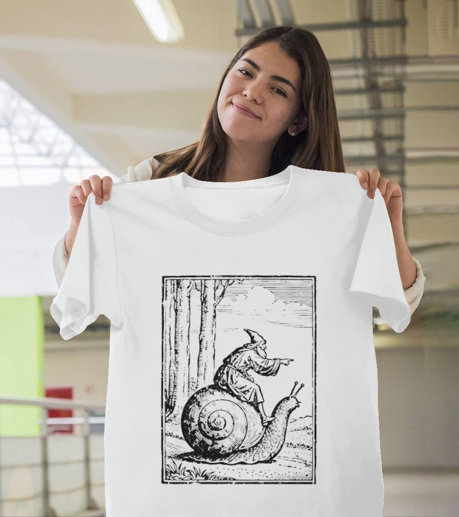 Medieval Snail Rider Wizard Woodcut Fantasy Enchantment T-Shirt