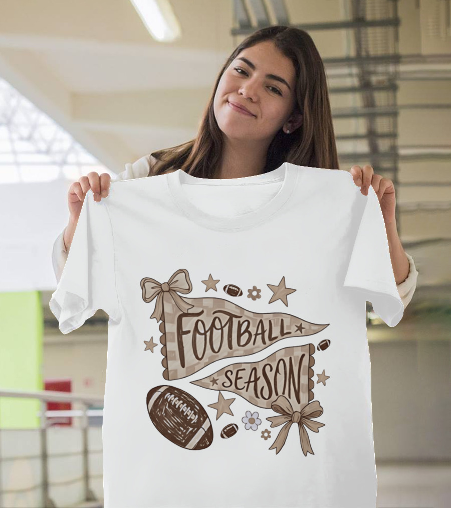 Football Season Pennant Bows And Stars With Footballs T-Shirt
