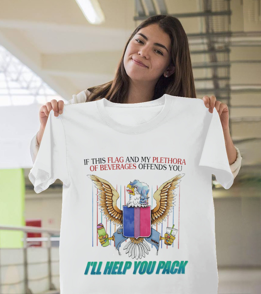 If This Flag And My Plethora Of Beverages Offends You I'll Help You Pack Eagle Holding Drinks T-Shirt