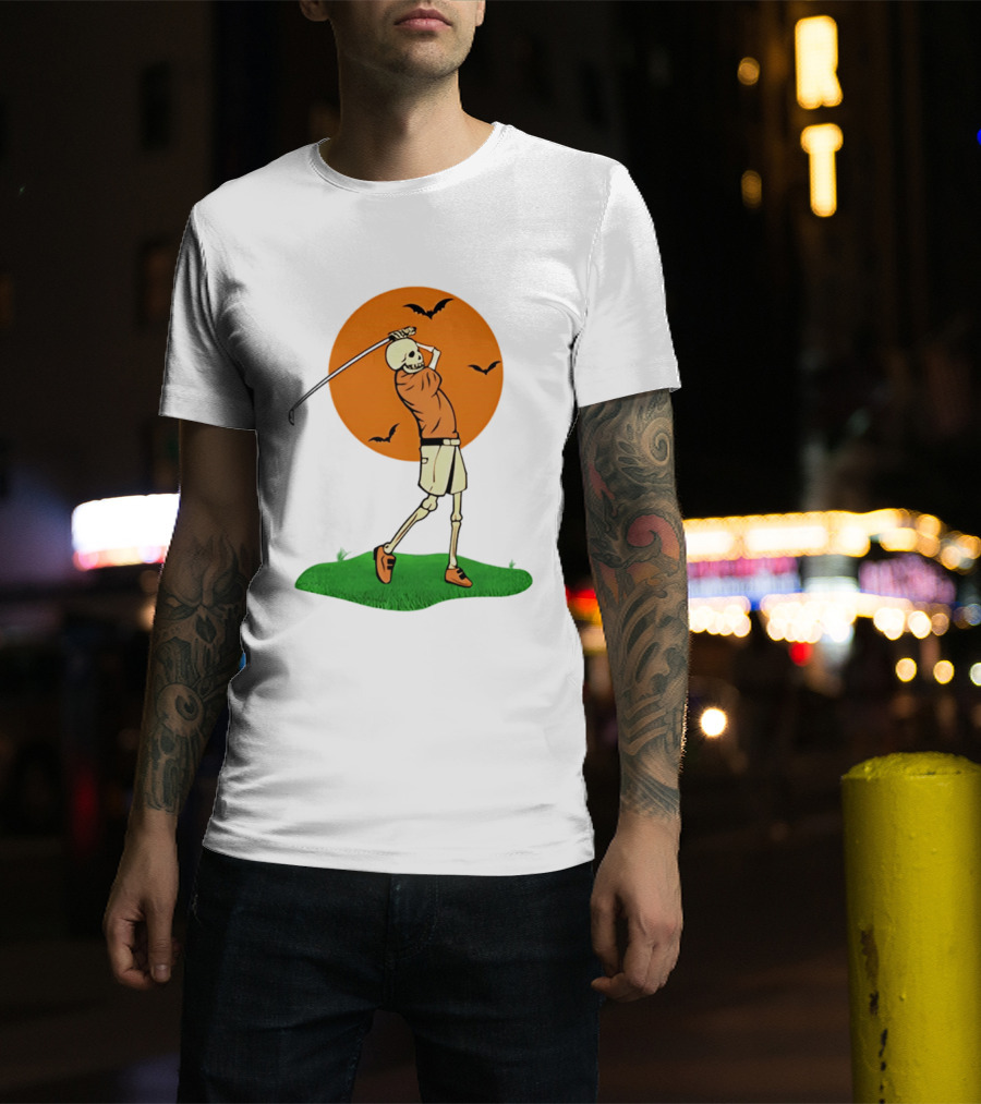 Skeleton Golfer At Sunset With Flying Bats T-Shirt