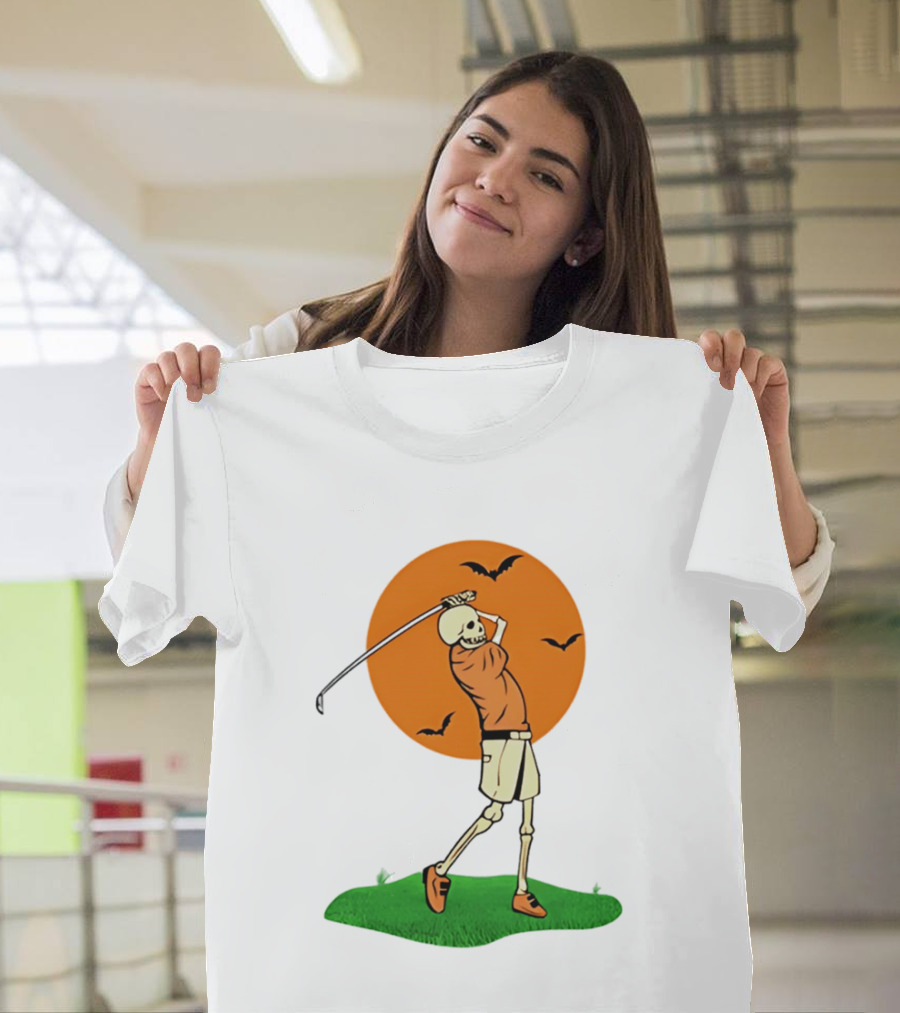 Skeleton Golfer At Sunset With Flying Bats T-Shirt