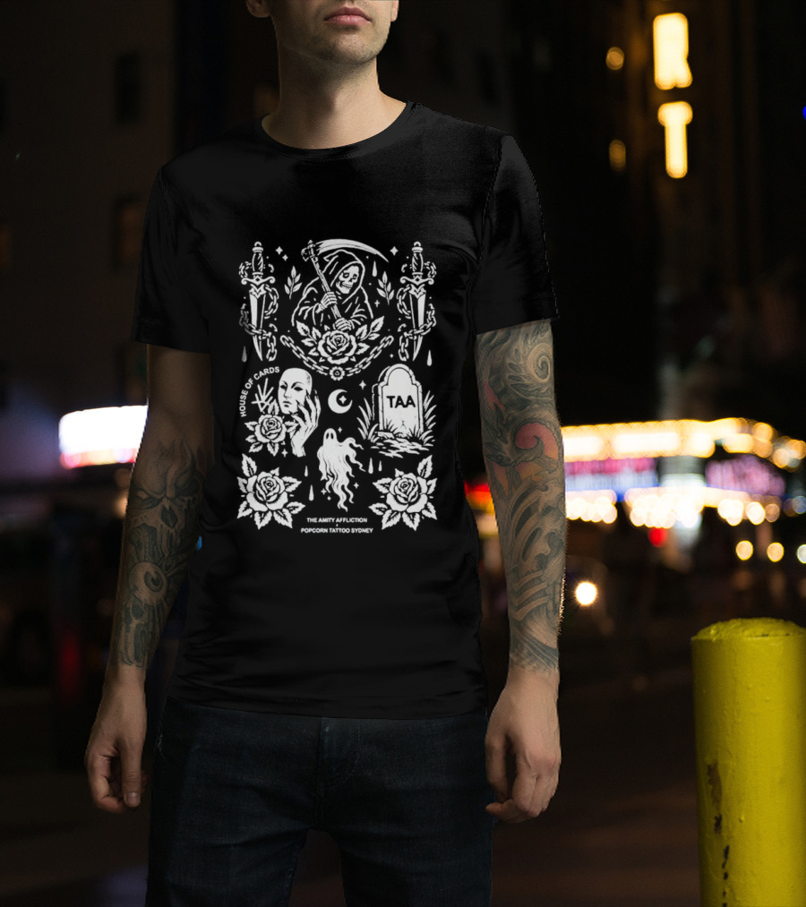 The Amity Affliction X Popcorn Tattoo Sydney Grim Reaper Floral Cemetery TAA T-Shirt