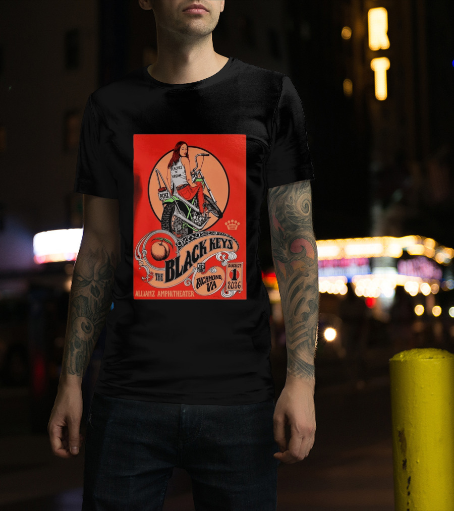 The Black Keys Allianz Amphitheater Richmond VA August 1 2026 Peaches N Kream Motorcycle T-Shirt