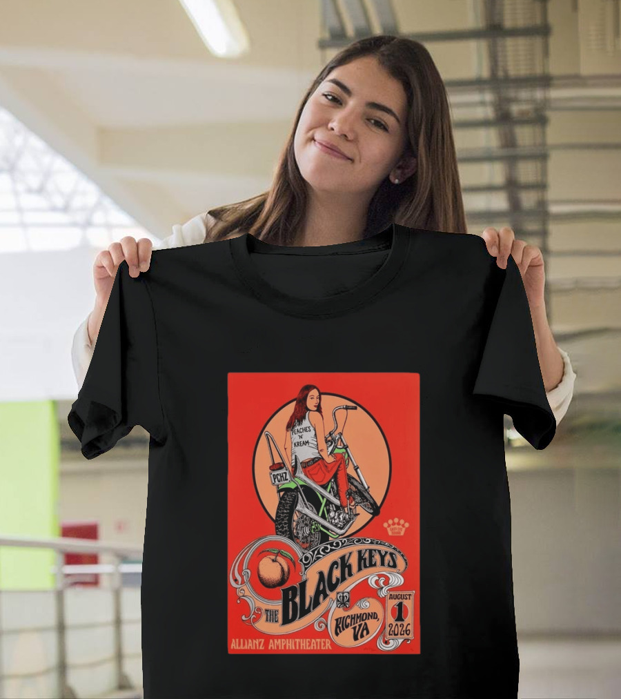 The Black Keys Allianz Amphitheater Richmond VA August 1 2026 Peaches N Kream Motorcycle T-Shirt