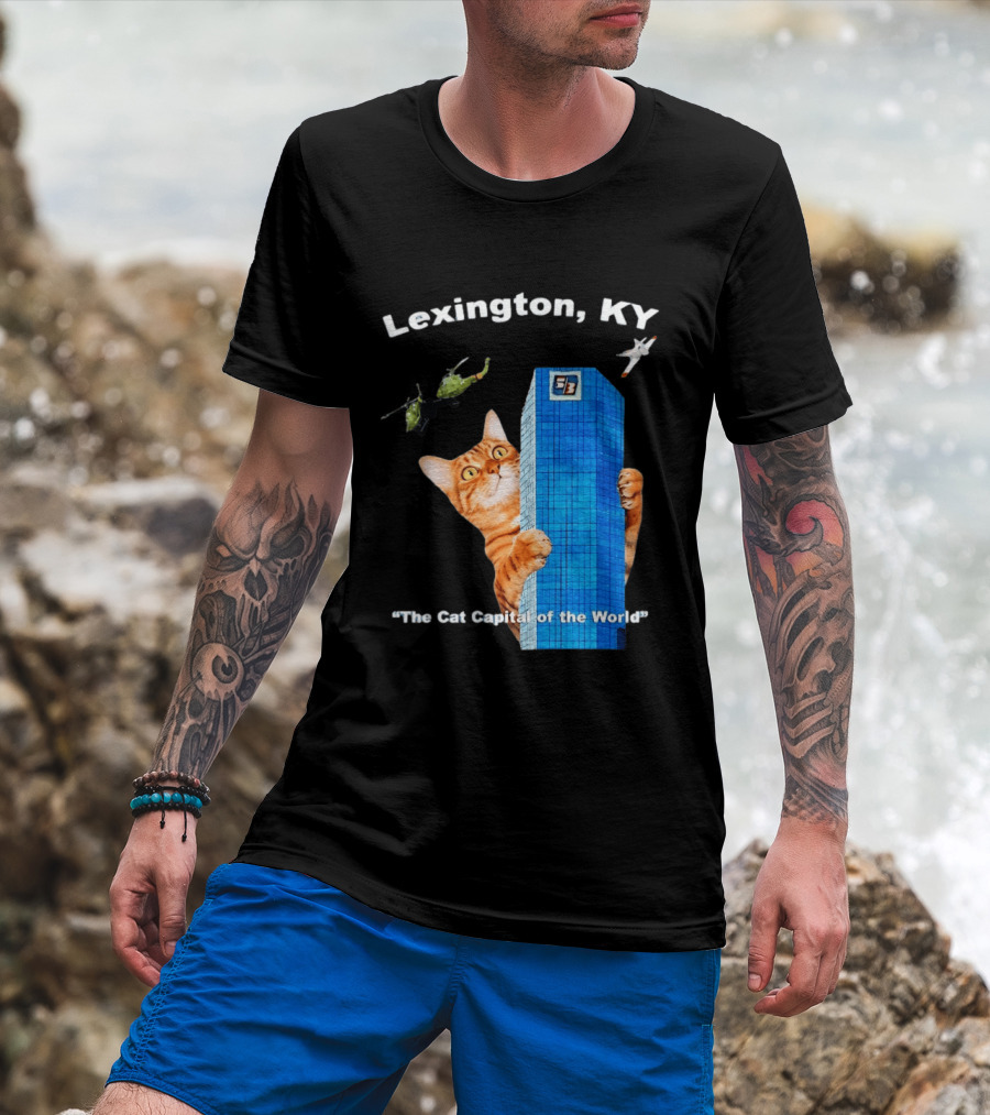 Lexington KY The Cat Capital Of The World Funny Cat With Building And Helicopter T-Shirt