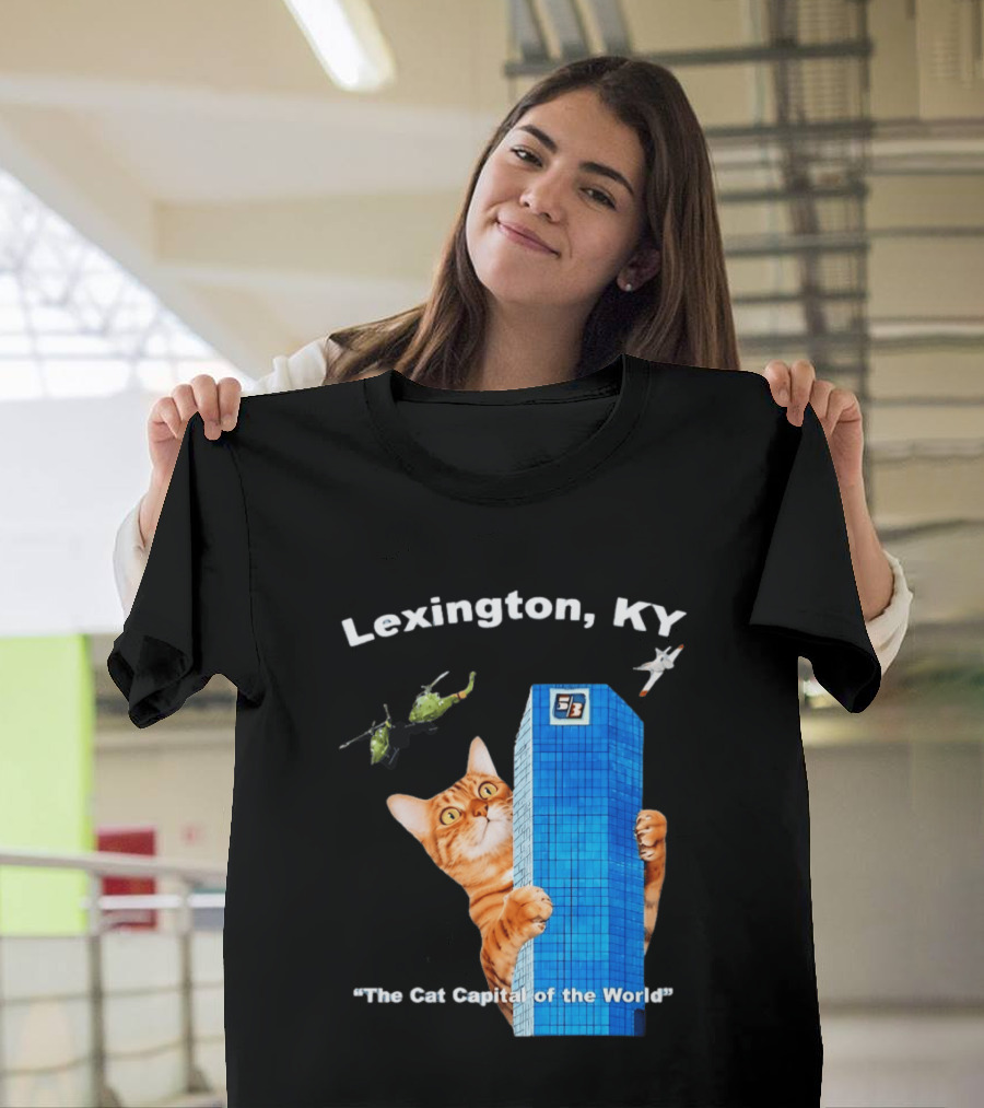 Lexington KY The Cat Capital Of The World Funny Cat With Building And Helicopter T-Shirt