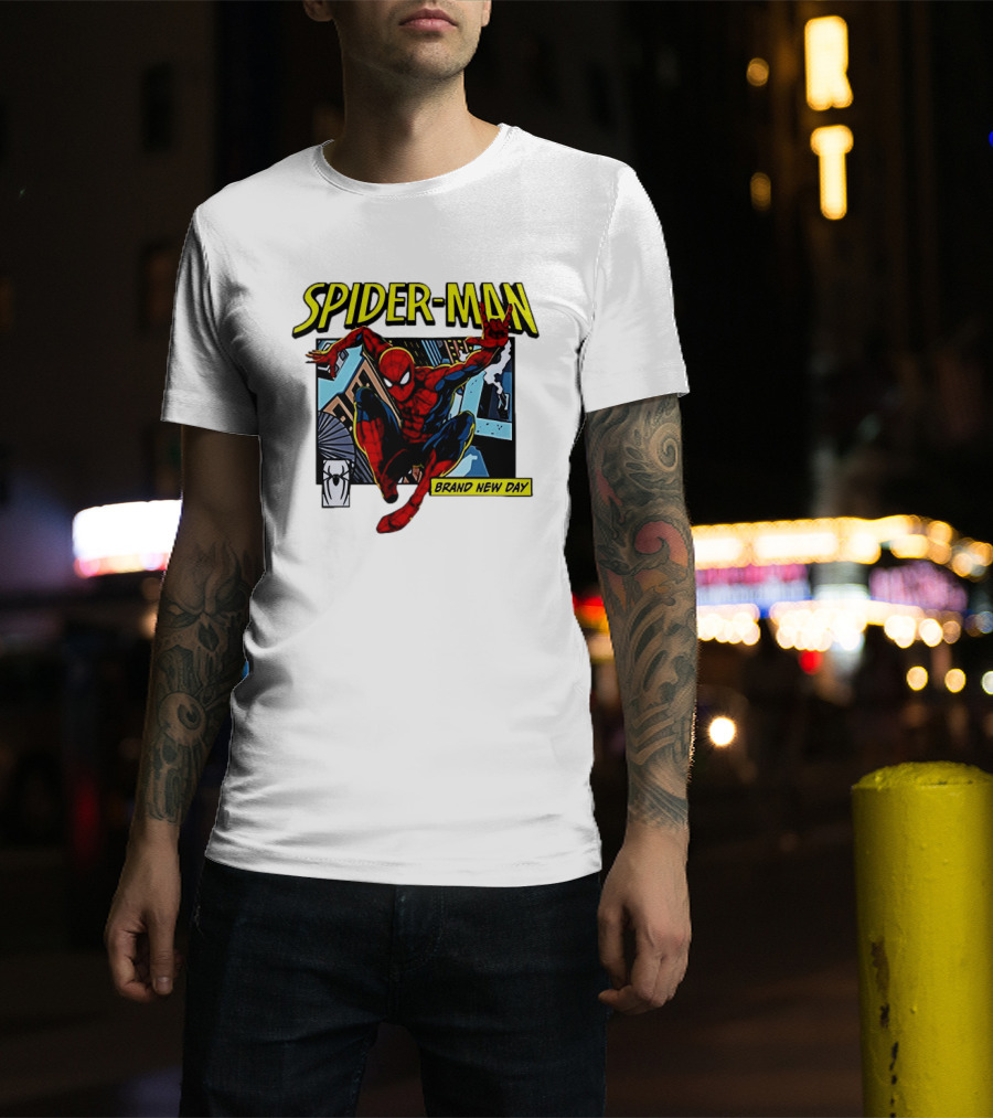 Spider Man Brand New Day Iconic Comic Style Swinging Action T-Shirt