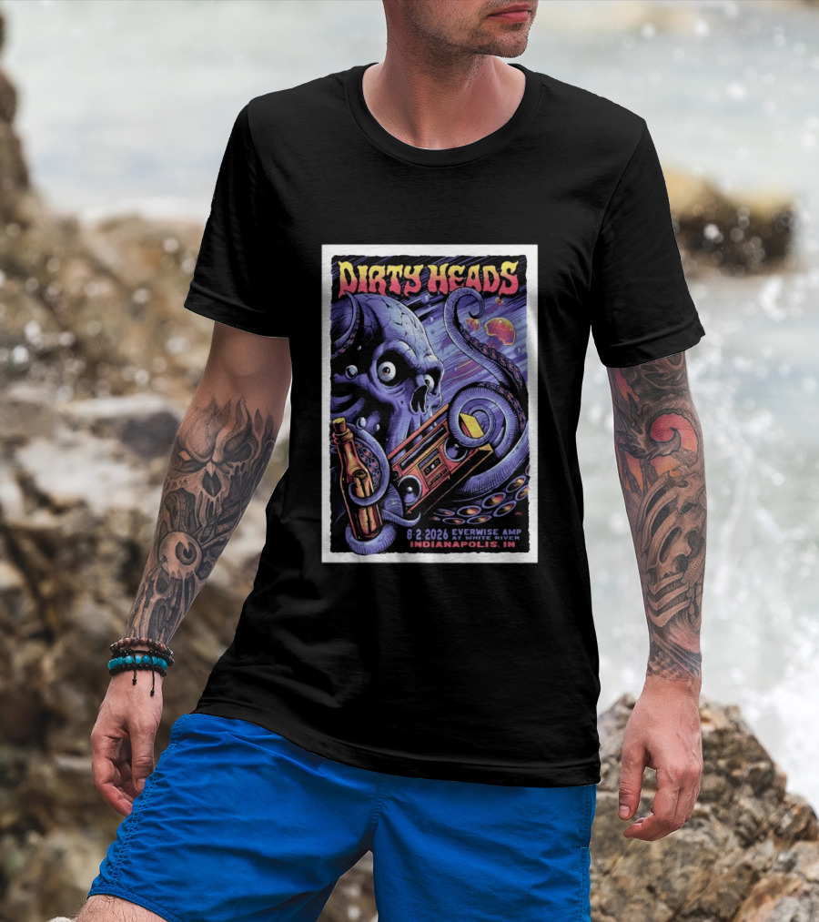 Dirty Heads Everwise Amp At White River 8.2.2026 Indianapolis IN Octopus Skull Alien Boombox T-Shirt