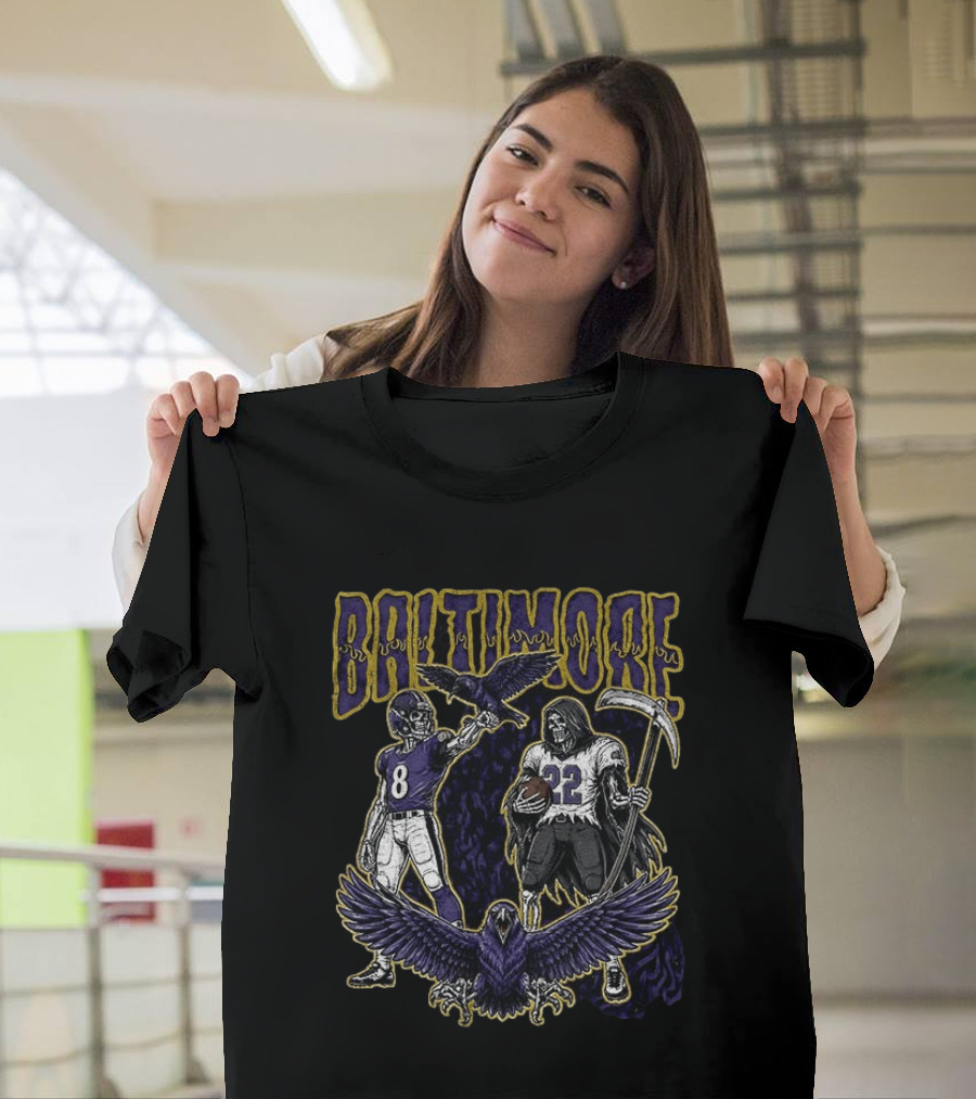 Baltimore Ravens Football Skeleton Lamar Jackson Derrick Henry Ravens T-Shirt