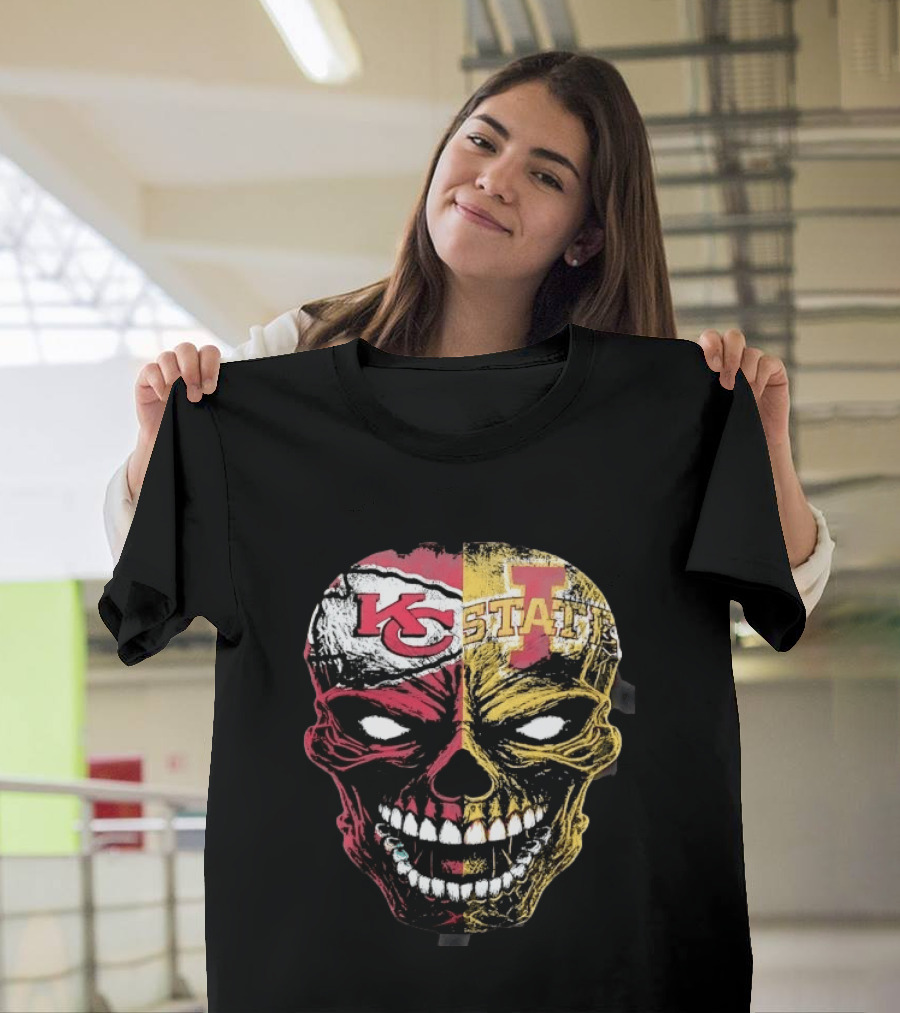 Kansas City Chiefs Iowa State Cyclones Skull Split Face T-Shirt