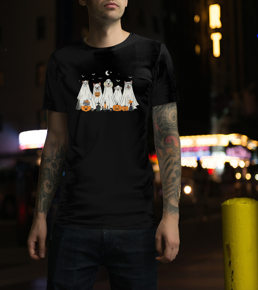 Halloween Ghost Dog Pack With Pumpkins And Moonlit Night T-Shirt