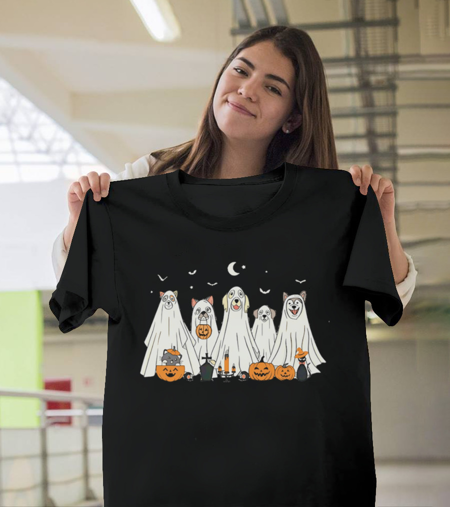 Halloween Ghost Dog Pack With Pumpkins And Moonlit Night T-Shirt