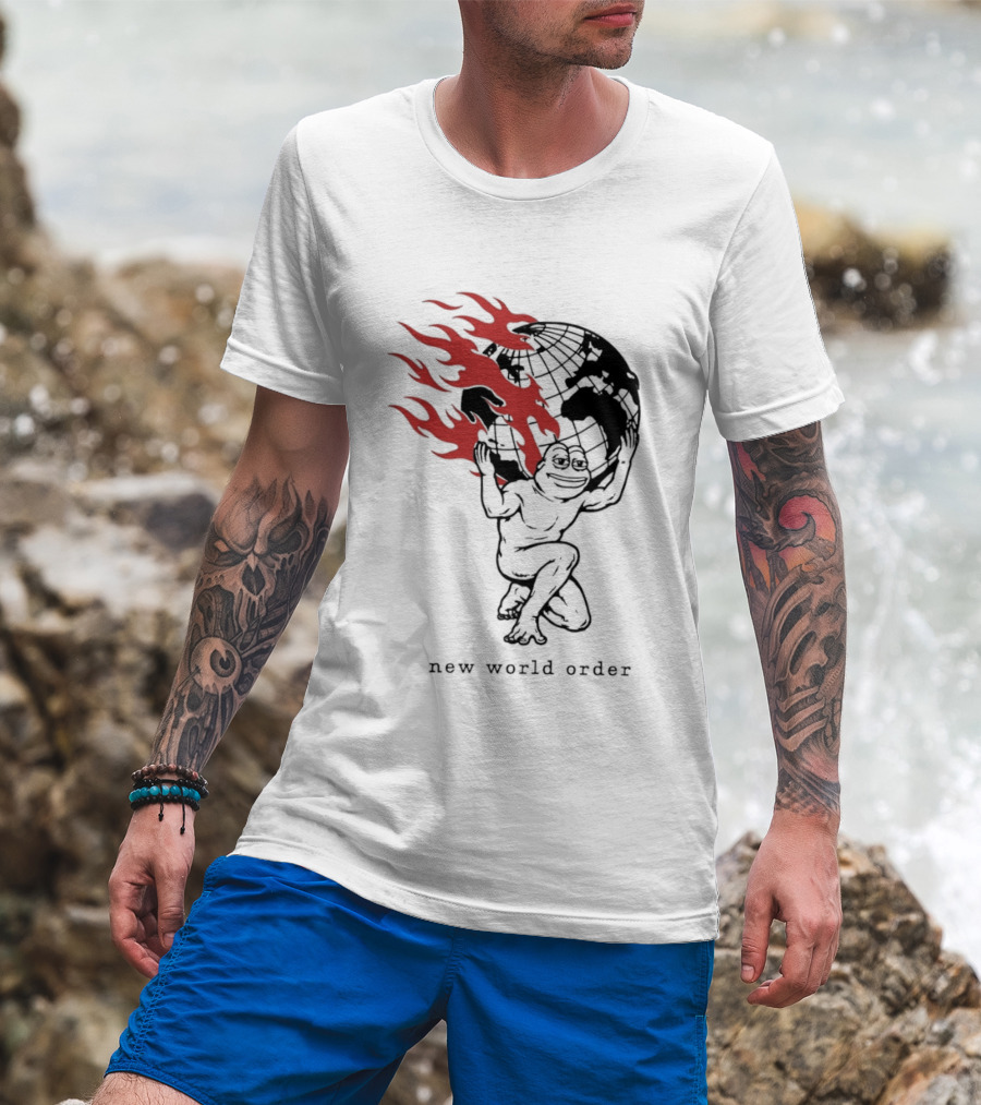 Frog Carrying Burning Earth With Flames New World Order T-Shirt