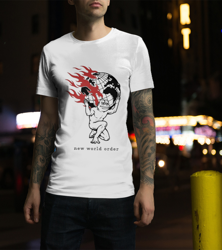 Frog Carrying Burning Earth With Flames New World Order T-Shirt