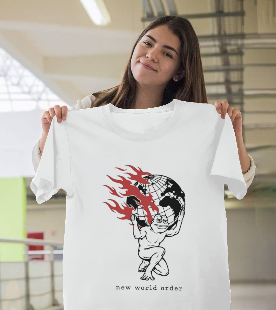 Frog Carrying Burning Earth With Flames New World Order T-Shirt