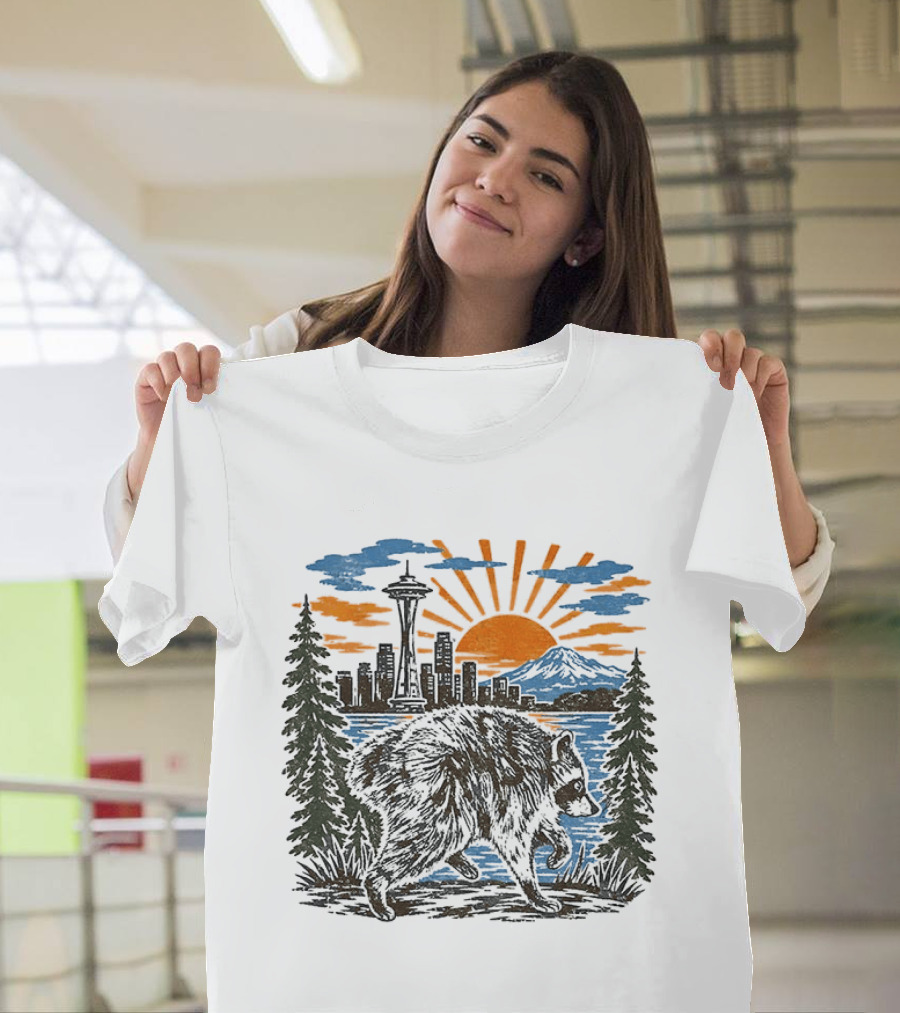 Raccoon Jimothy Seattle Skyline Sunset With Space Needle T-Shirt