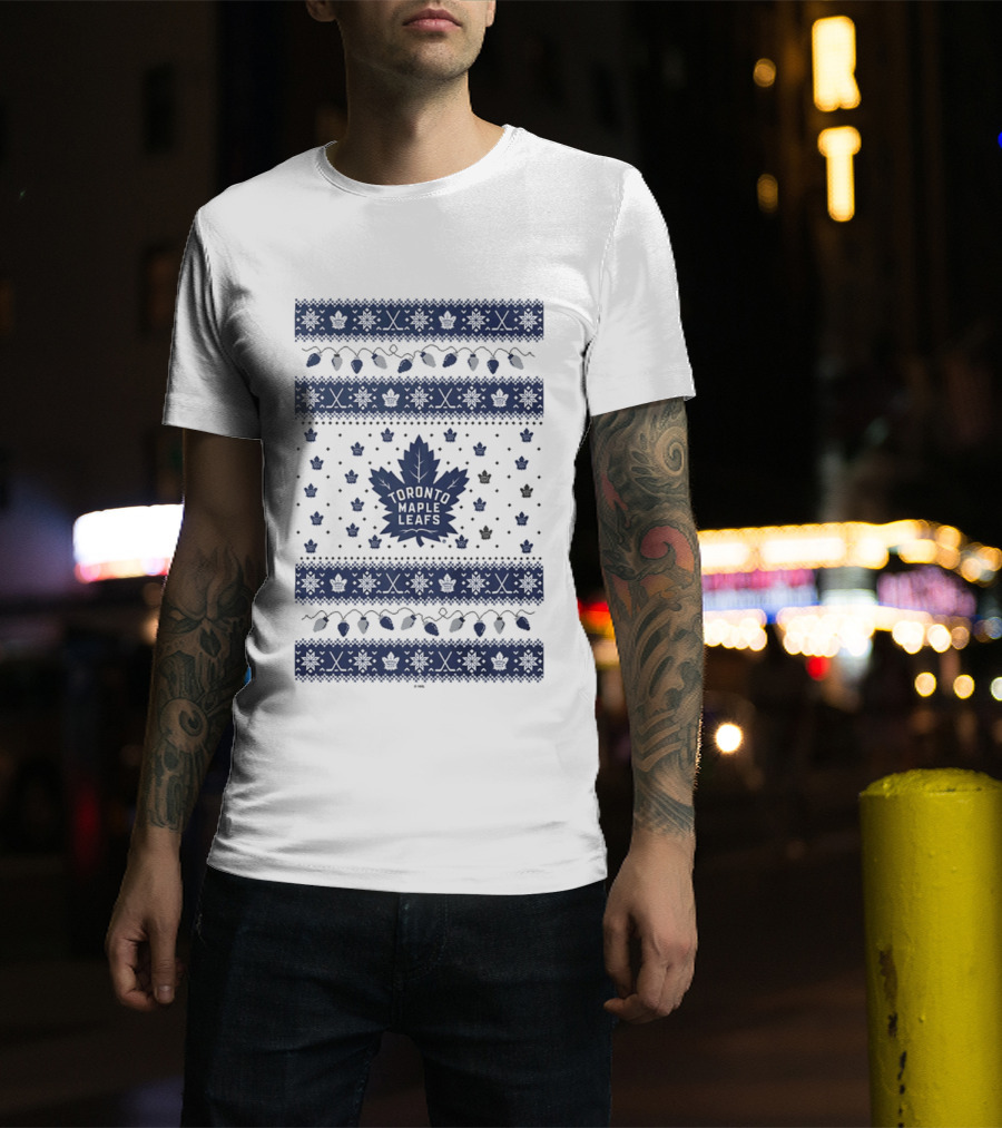 Toronto Maple Leafs Holiday Lights Festive Pattern Leafs Logo Snowflakes T-Shirt
