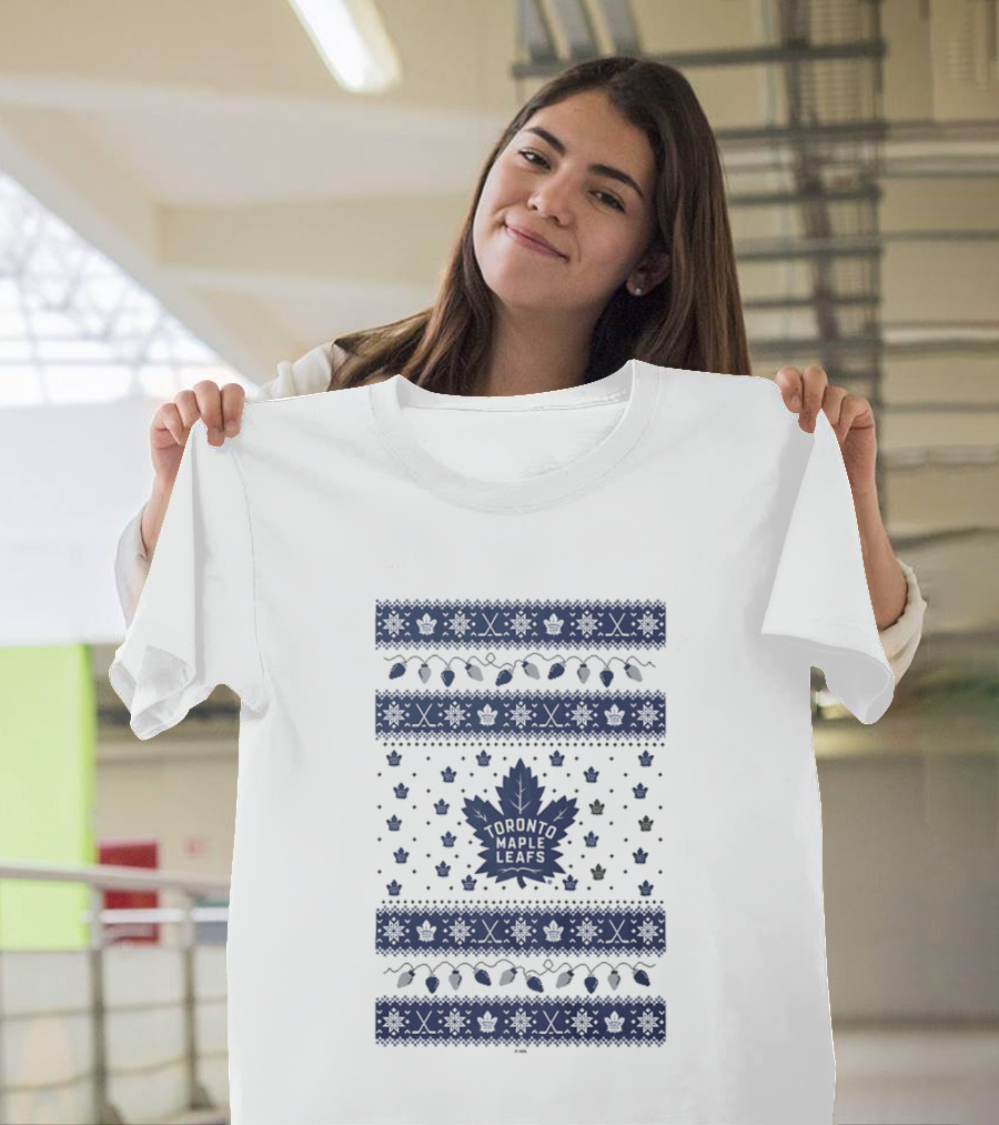 Toronto Maple Leafs Holiday Lights Festive Pattern Leafs Logo Snowflakes T-Shirt