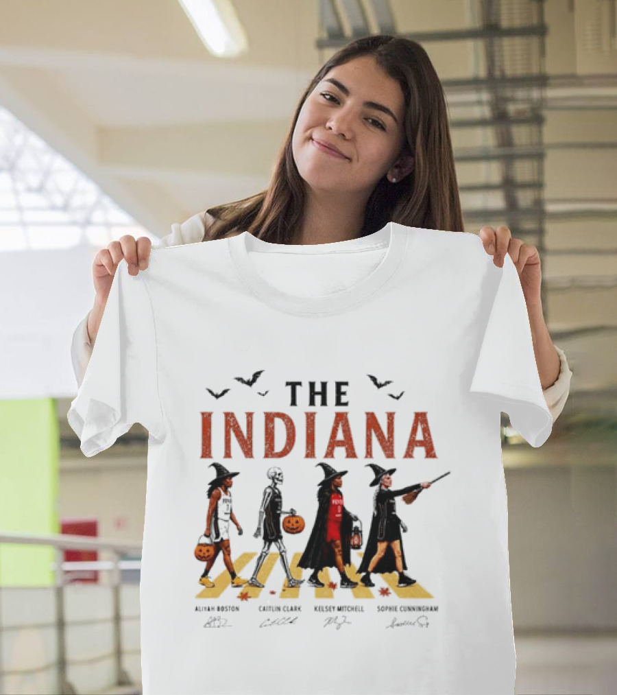 The Indiana Fever WNBA Aliyah Boston Caitlin Clark Kelsey Mitchell Sophie Cunningham Halloween Crosswalk Skeleton Witches Pumpkin T-Shirt