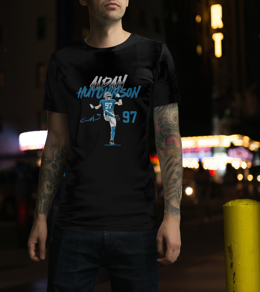 Aidan Hutchinson 97 Detroit Lions Football Player Signature NFL T-Shirt