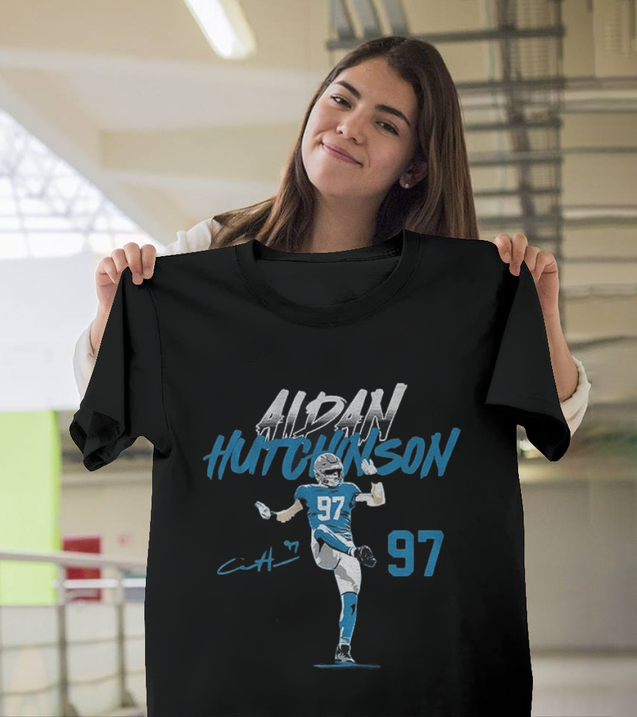 Aidan Hutchinson 97 Detroit Lions Football Player Signature NFL T-Shirt