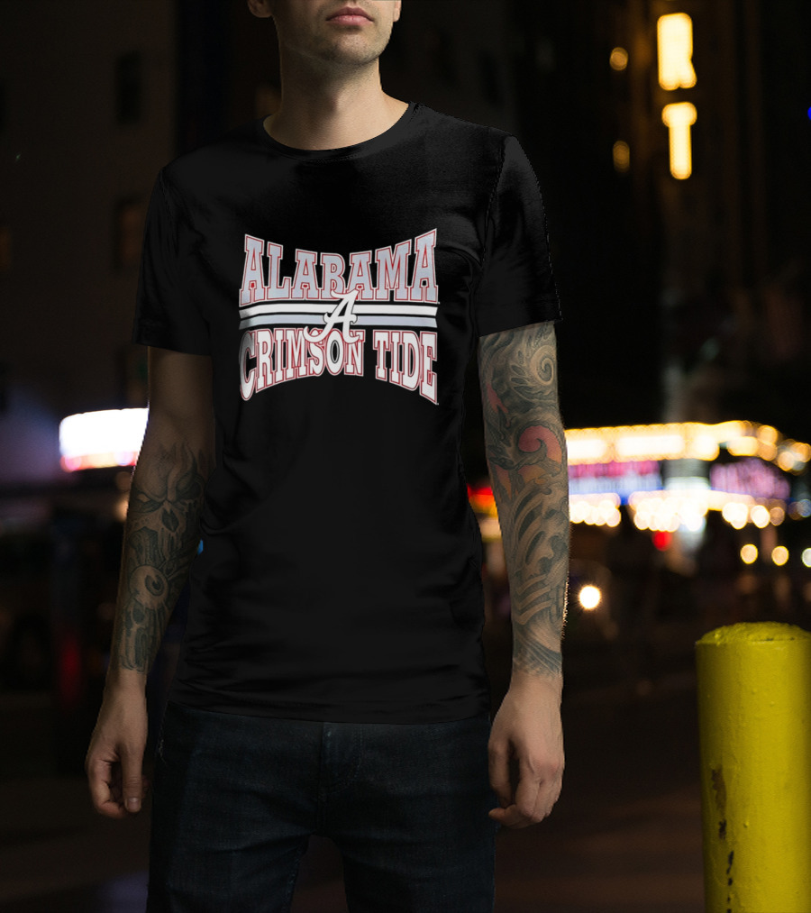 Alabama Crimson Tide Script A Curved Stripes Block Lettering T-Shirt
