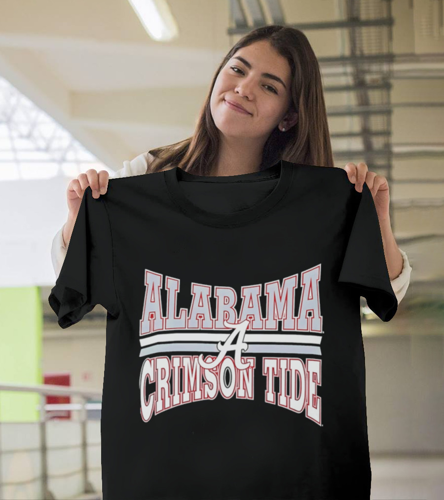 Alabama Crimson Tide Script A Curved Stripes Block Lettering T-Shirt