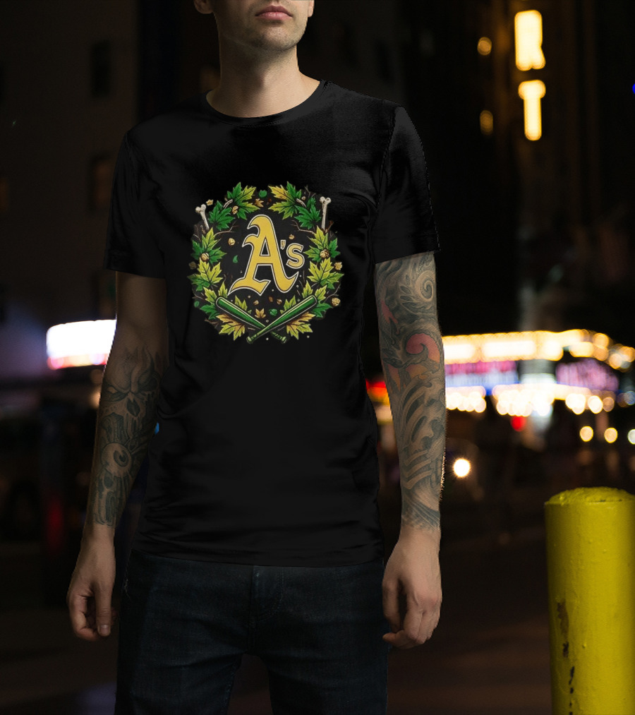 A's Halloween Maple Leaves Skull Crossed Bats Baseballs T-Shirt