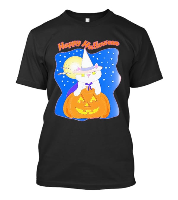 Happy Halloween Cat Witch On Pumpkin With Full Moon And Stars T-Shirt
