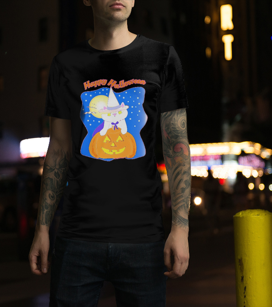 Happy Halloween Cat Witch On Pumpkin With Full Moon And Stars T-Shirt