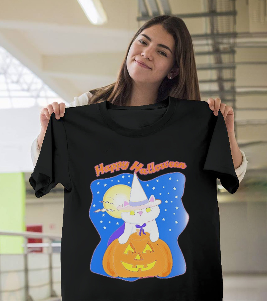 Happy Halloween Cat Witch On Pumpkin With Full Moon And Stars T-Shirt