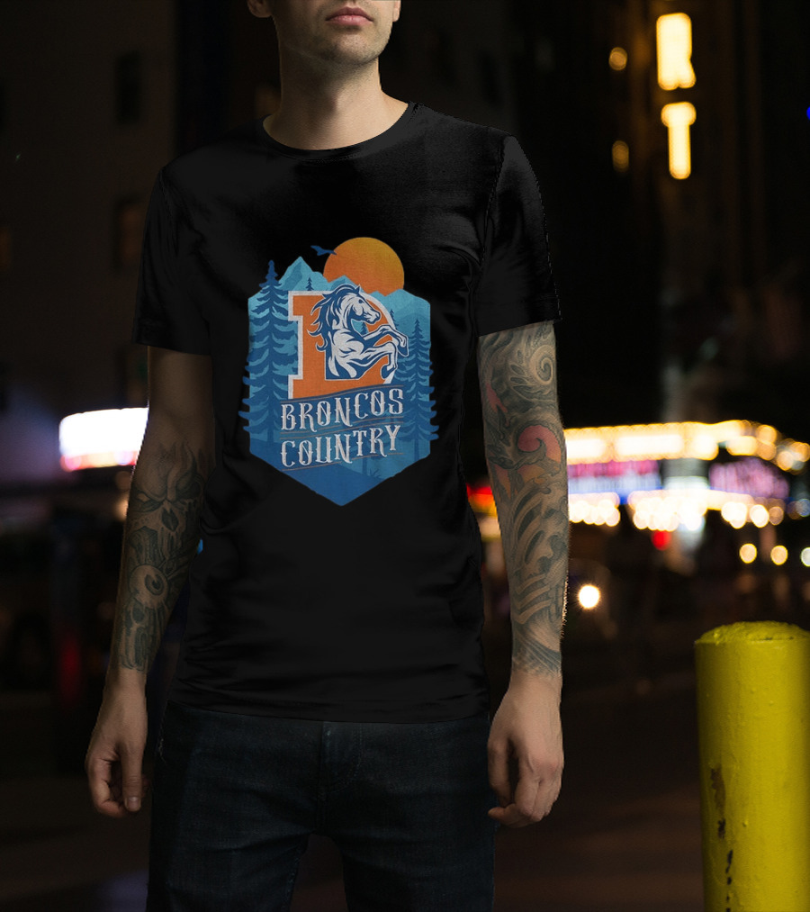Denver Broncos Country Logo Football Mountain Sunset T-Shirt