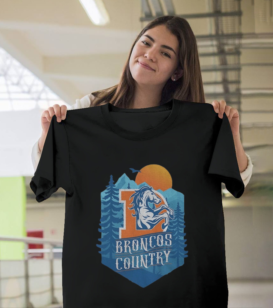 Denver Broncos Country Logo Football Mountain Sunset T-Shirt