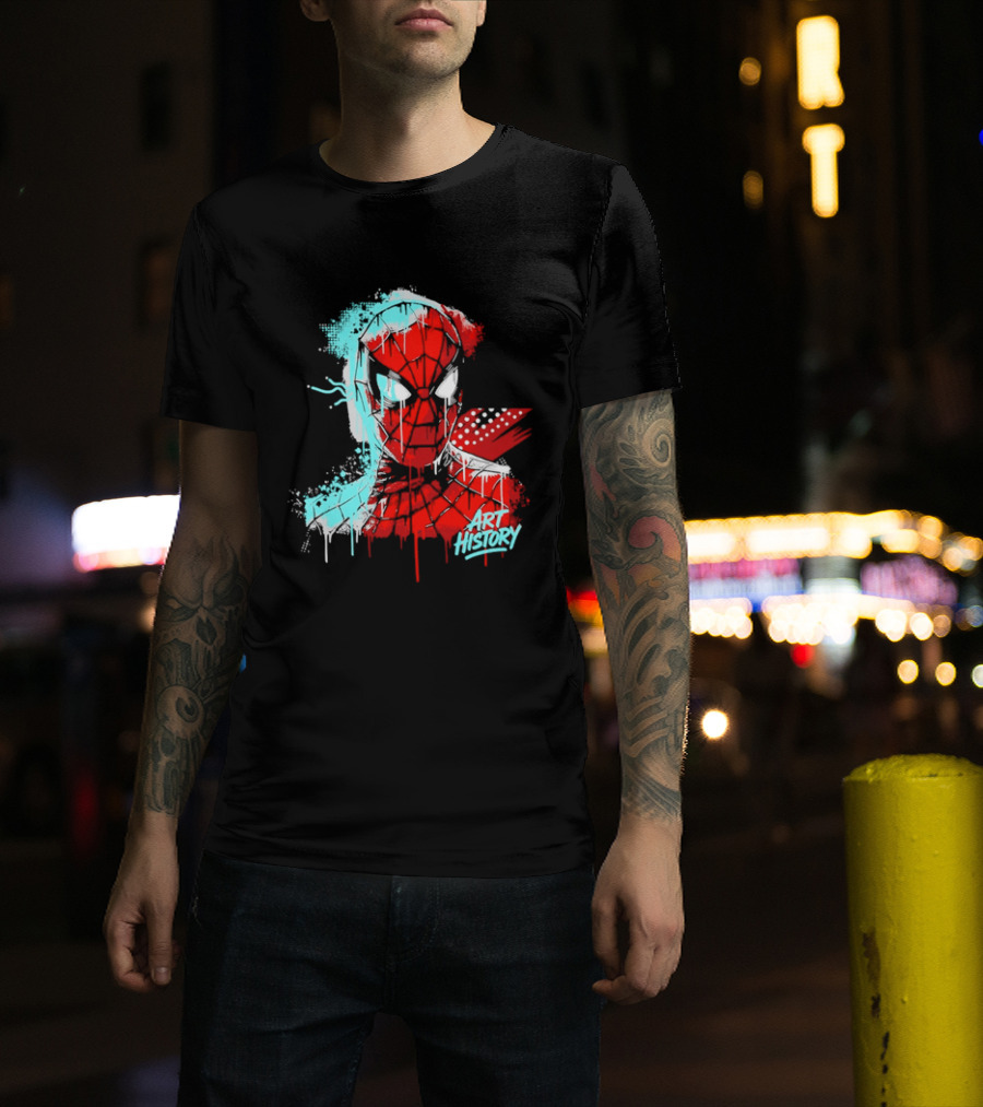 Spider Man Mask Dripping Paint Graffiti Art History Halftone Splatter T-Shirt