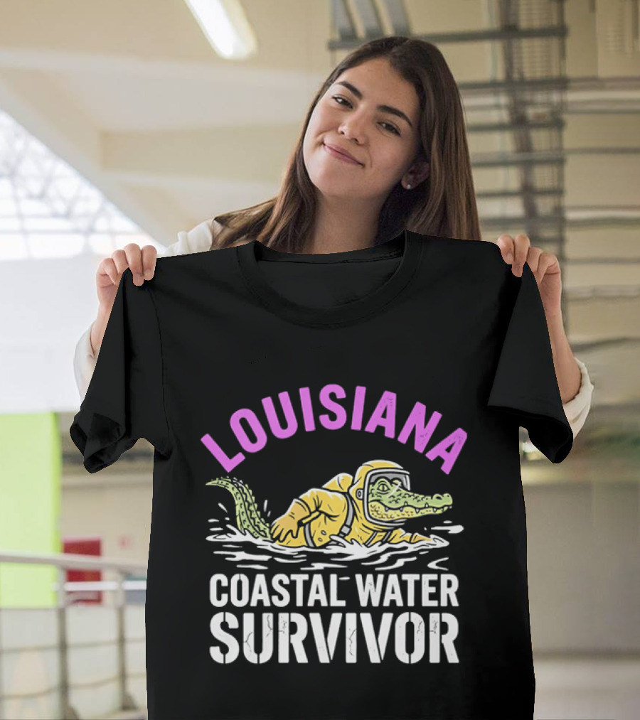 Louisiana Coastal Water Survivor Cartoon Alligator Yellow Hazmat Suit T-Shirt