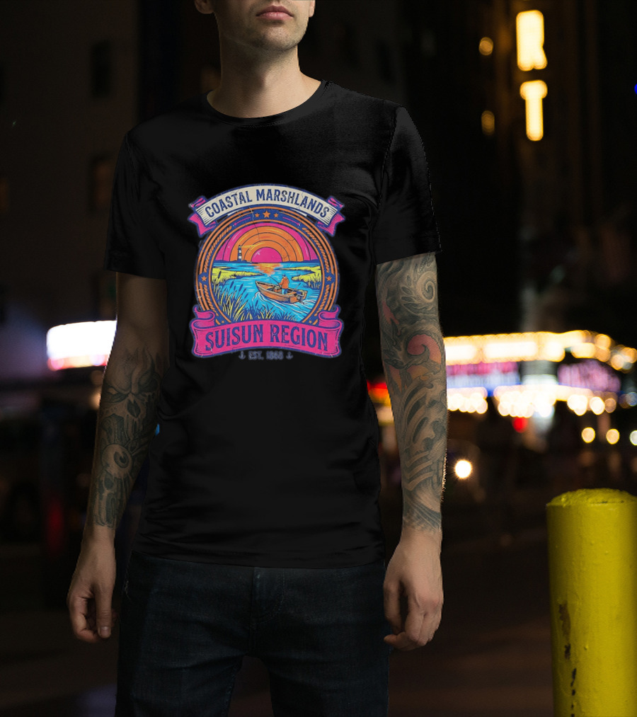Coastal Marshlands Suisun Region Established 1868 Distressed Sunset Lighthouse Fisherman Boat Marsh T-Shirt