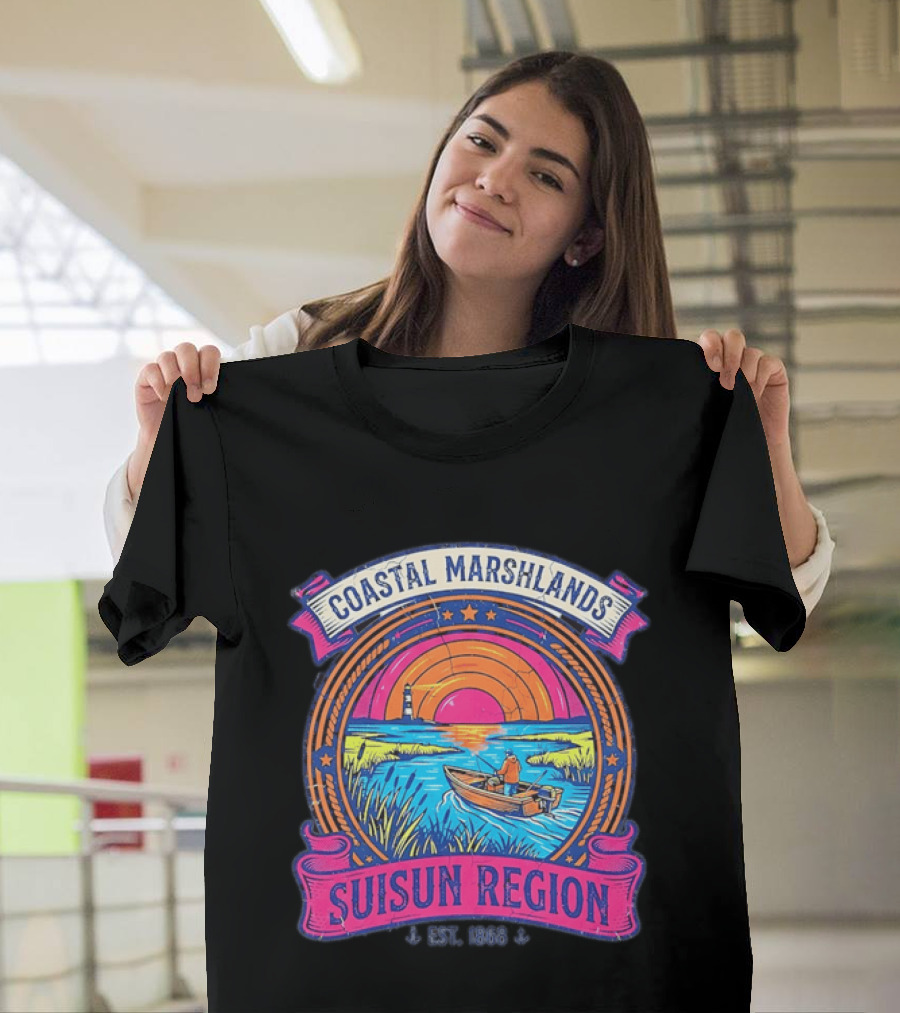 Coastal Marshlands Suisun Region Established 1868 Distressed Sunset Lighthouse Fisherman Boat Marsh T-Shirt