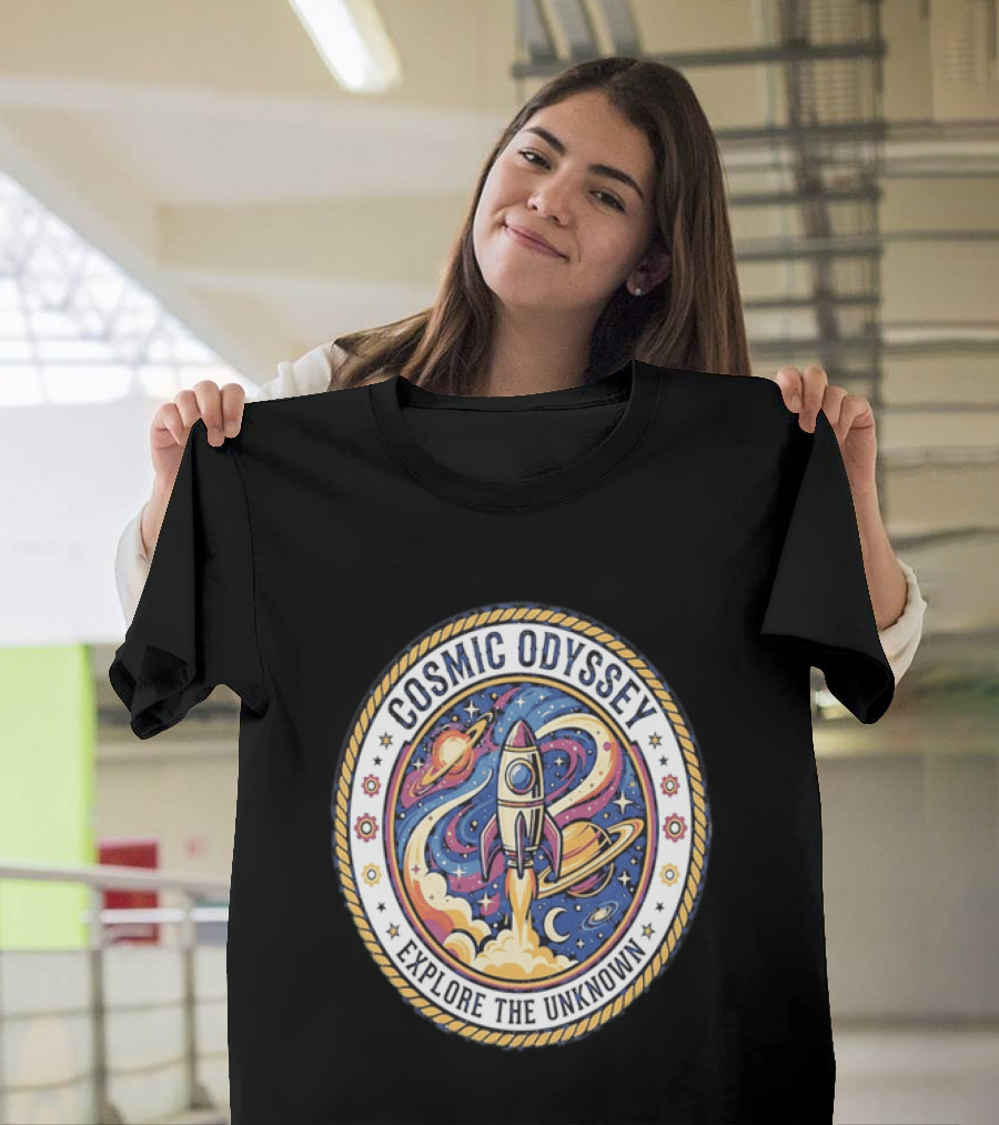 Cosmic Odyssey Rocket Launching Explore The Unknown Planets Space Adventure T-Shirt