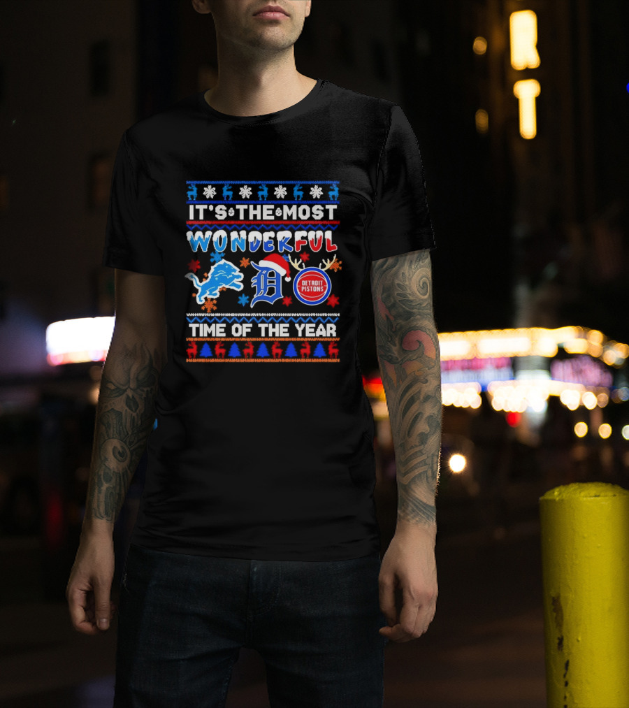 Detroit Lions And Pistons Christmas 2026 It's The Most Wonderful Time Of The Year T-Shirt