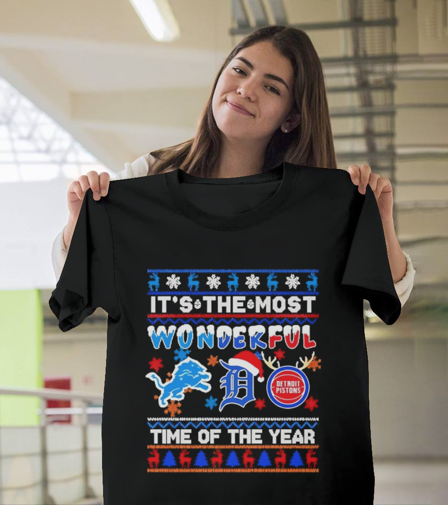 Detroit Lions And Pistons Christmas 2026 It's The Most Wonderful Time Of The Year T-Shirt