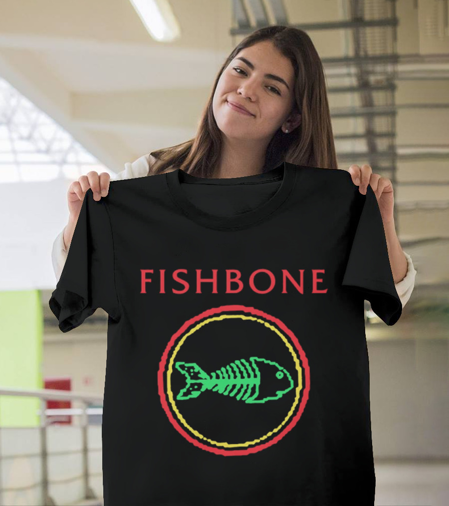 Fishbone Red Text Green Fish Skeleton Yellow Circular Frame T-Shirt